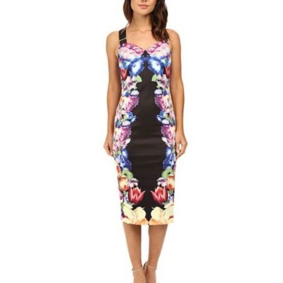 Ted Baker Deony Colorful Floral Bodycon Scuba Midi Dress US 6 Buckle Strap - Picture 3 of 14